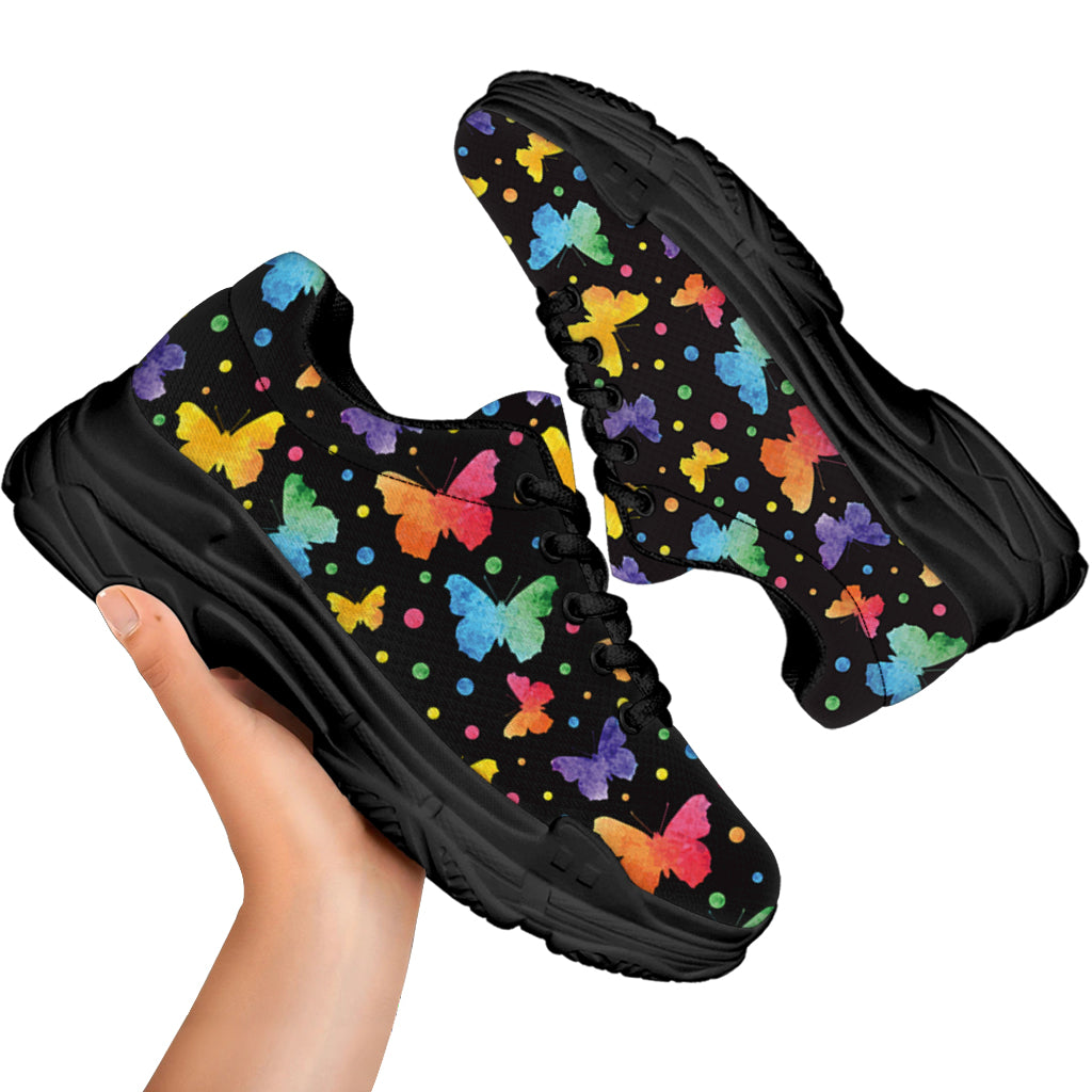 Colorful Watercolor Butterfly Print Black Chunky Shoes