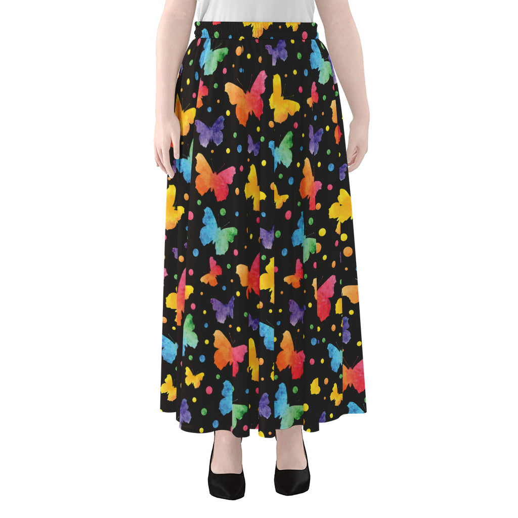 Colorful Watercolor Butterfly Print Chiffon Maxi Skirt