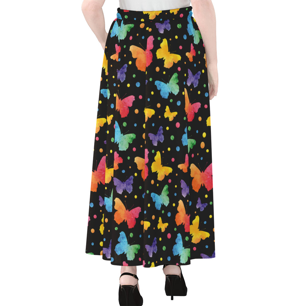 Colorful Watercolor Butterfly Print Chiffon Maxi Skirt