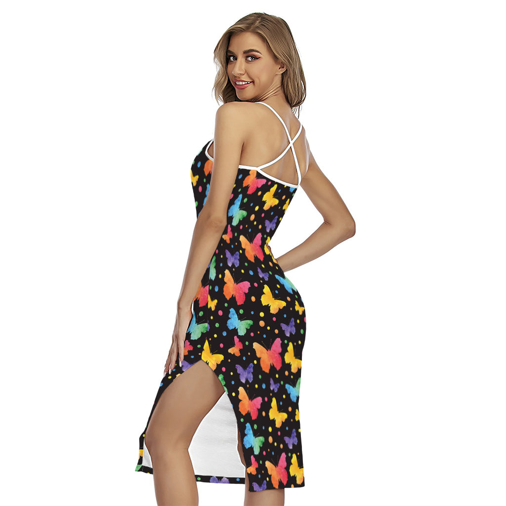 Colorful Watercolor Butterfly Print Cross Back Cami Dress