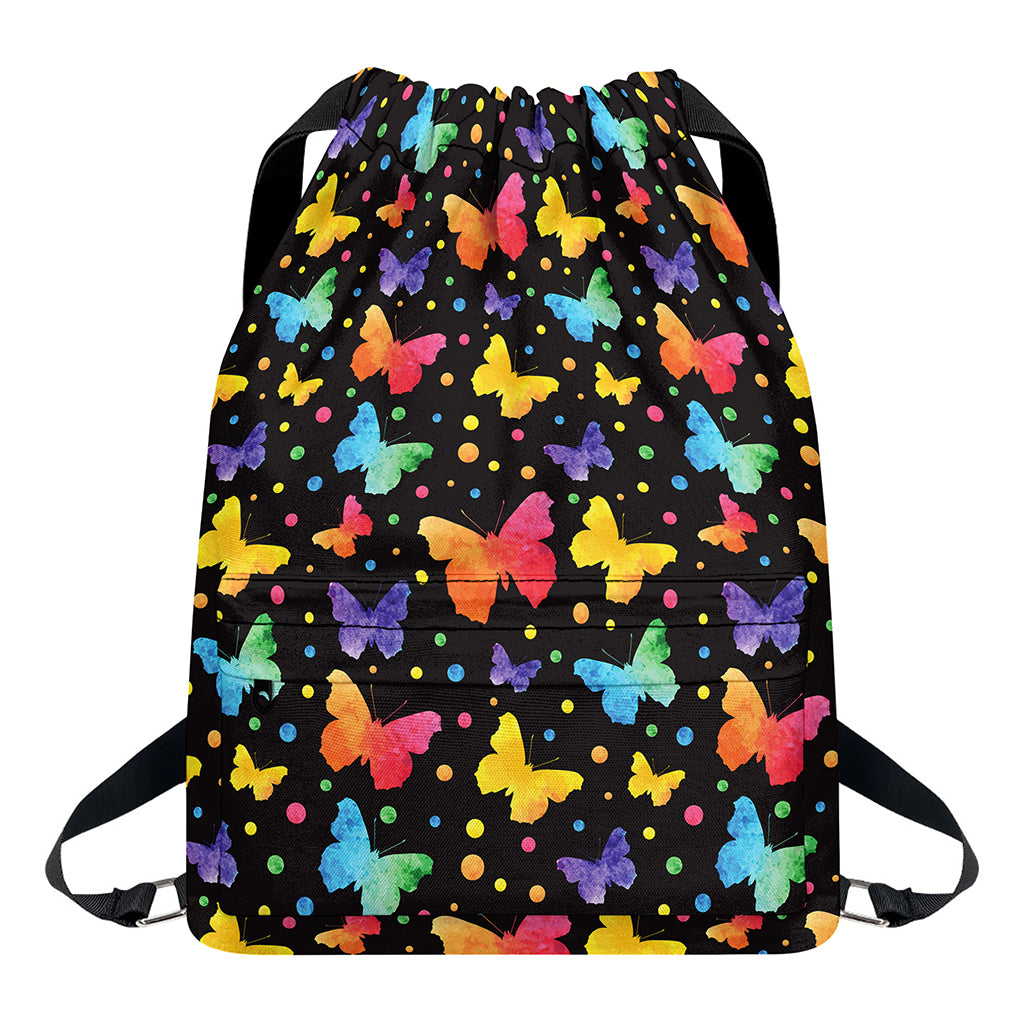 Colorful Watercolor Butterfly Print Drawstring Backpack