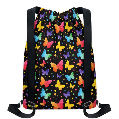 Colorful Watercolor Butterfly Print Drawstring Backpack