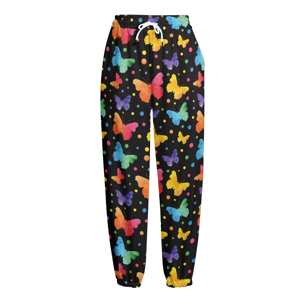 Colorful Watercolor Butterfly Print Fleece Lined Knit Pants