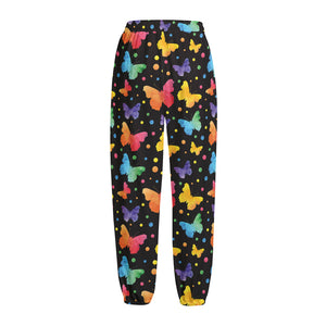 Colorful Watercolor Butterfly Print Fleece Lined Knit Pants