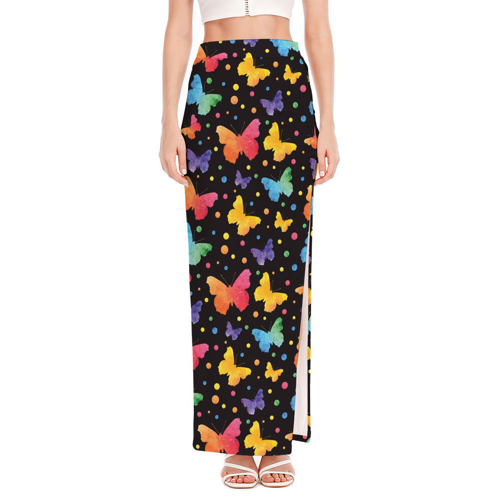 Colorful Watercolor Butterfly Print High Slit Maxi Skirt