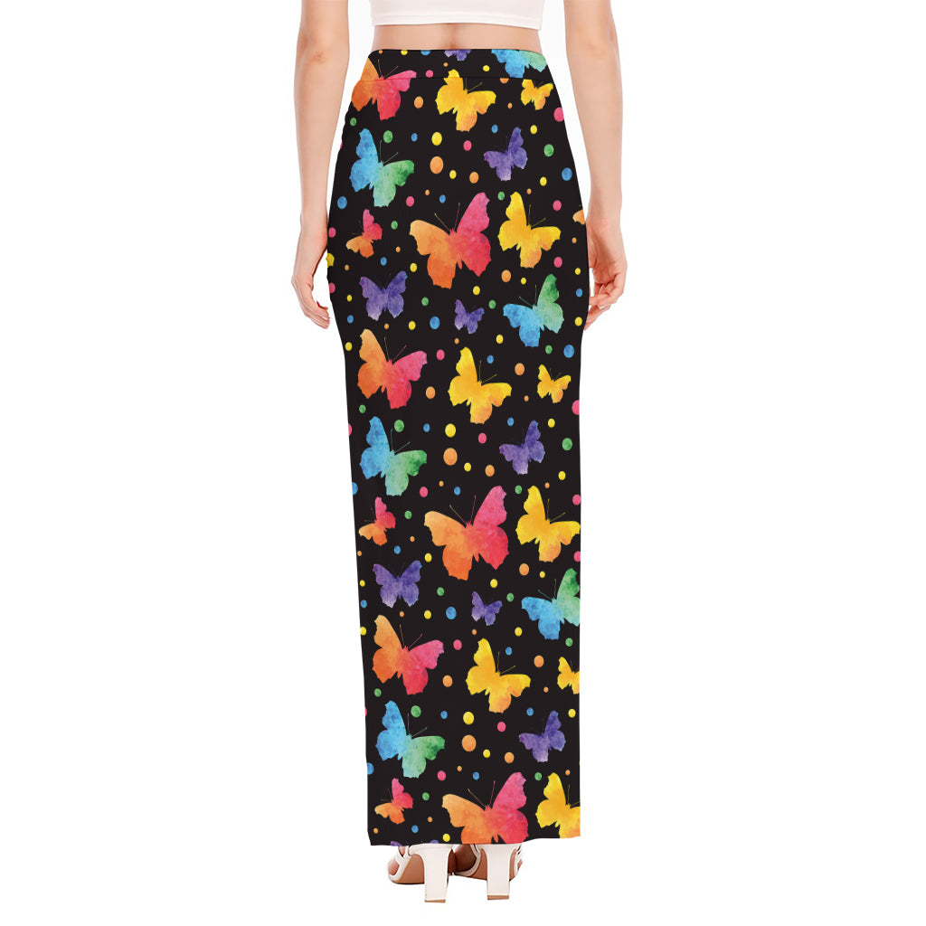 Colorful Watercolor Butterfly Print High Slit Maxi Skirt