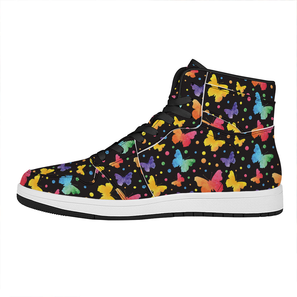 Colorful Watercolor Butterfly Print High Top Leather Sneakers