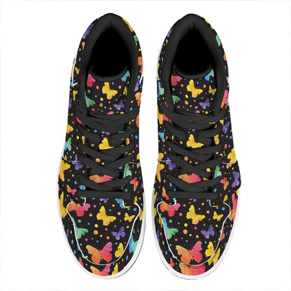 Colorful Watercolor Butterfly Print High Top Leather Sneakers