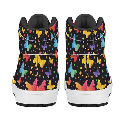 Colorful Watercolor Butterfly Print High Top Leather Sneakers