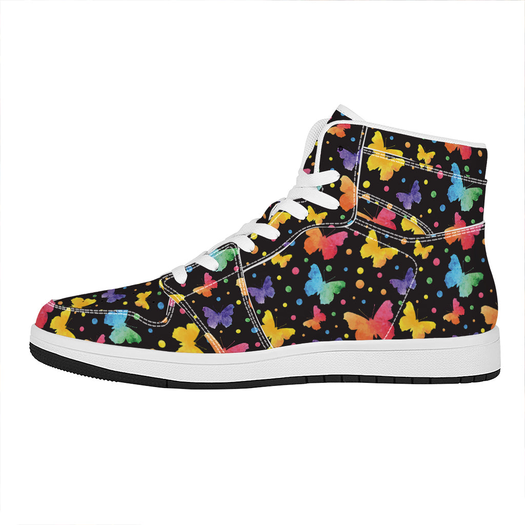 Colorful Watercolor Butterfly Print High Top Leather Sneakers