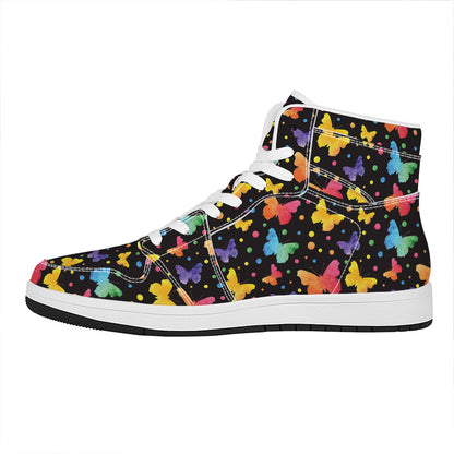 Colorful Watercolor Butterfly Print High Top Leather Sneakers