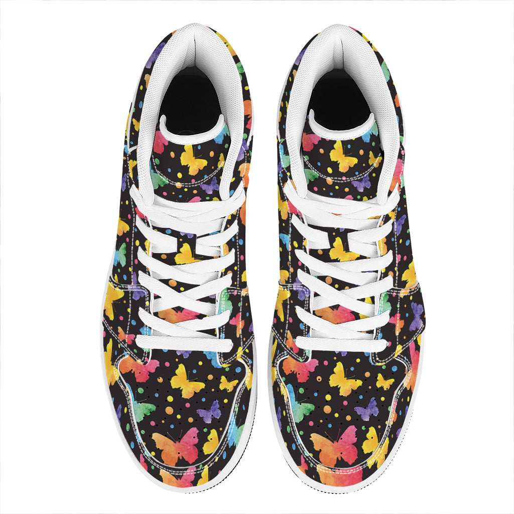 Colorful Watercolor Butterfly Print High Top Leather Sneakers