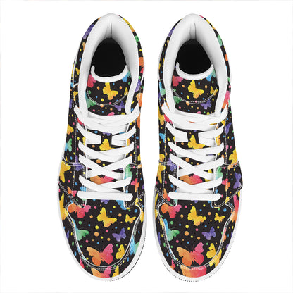 Colorful Watercolor Butterfly Print High Top Leather Sneakers
