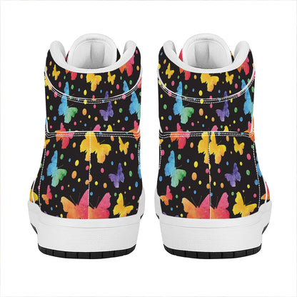 Colorful Watercolor Butterfly Print High Top Leather Sneakers