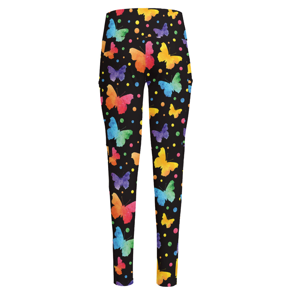 Colorful Watercolor Butterfly Print High-Waisted Pocket Leggings