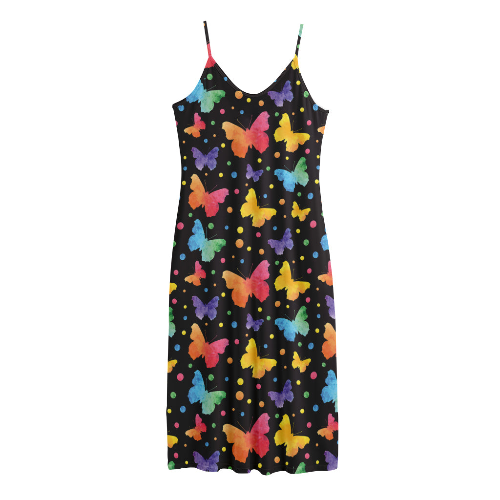 Colorful Watercolor Butterfly Print Jersey Midi Cami Dress