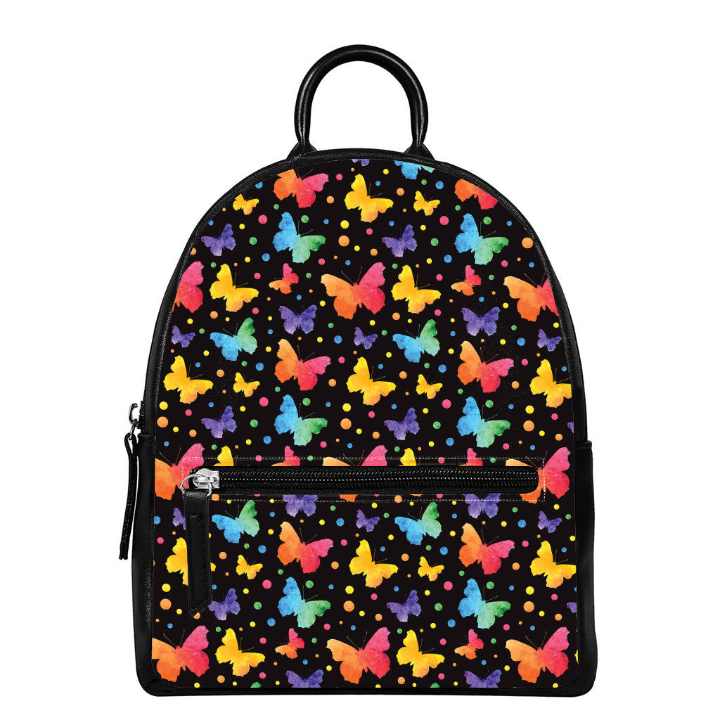 Colorful Watercolor Butterfly Print Leather Backpack