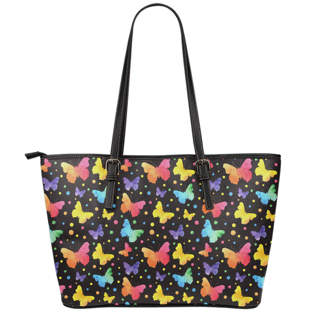 Colorful Watercolor Butterfly Print Leather Tote Bag