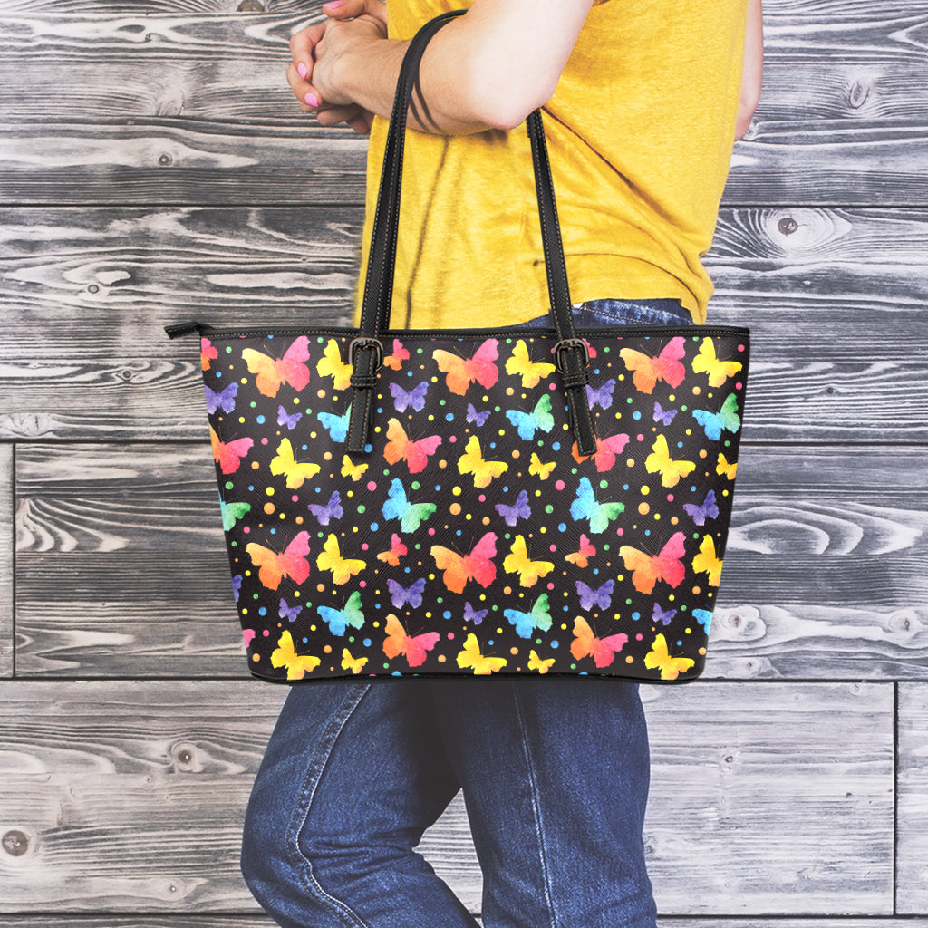 Colorful Watercolor Butterfly Print Leather Tote Bag