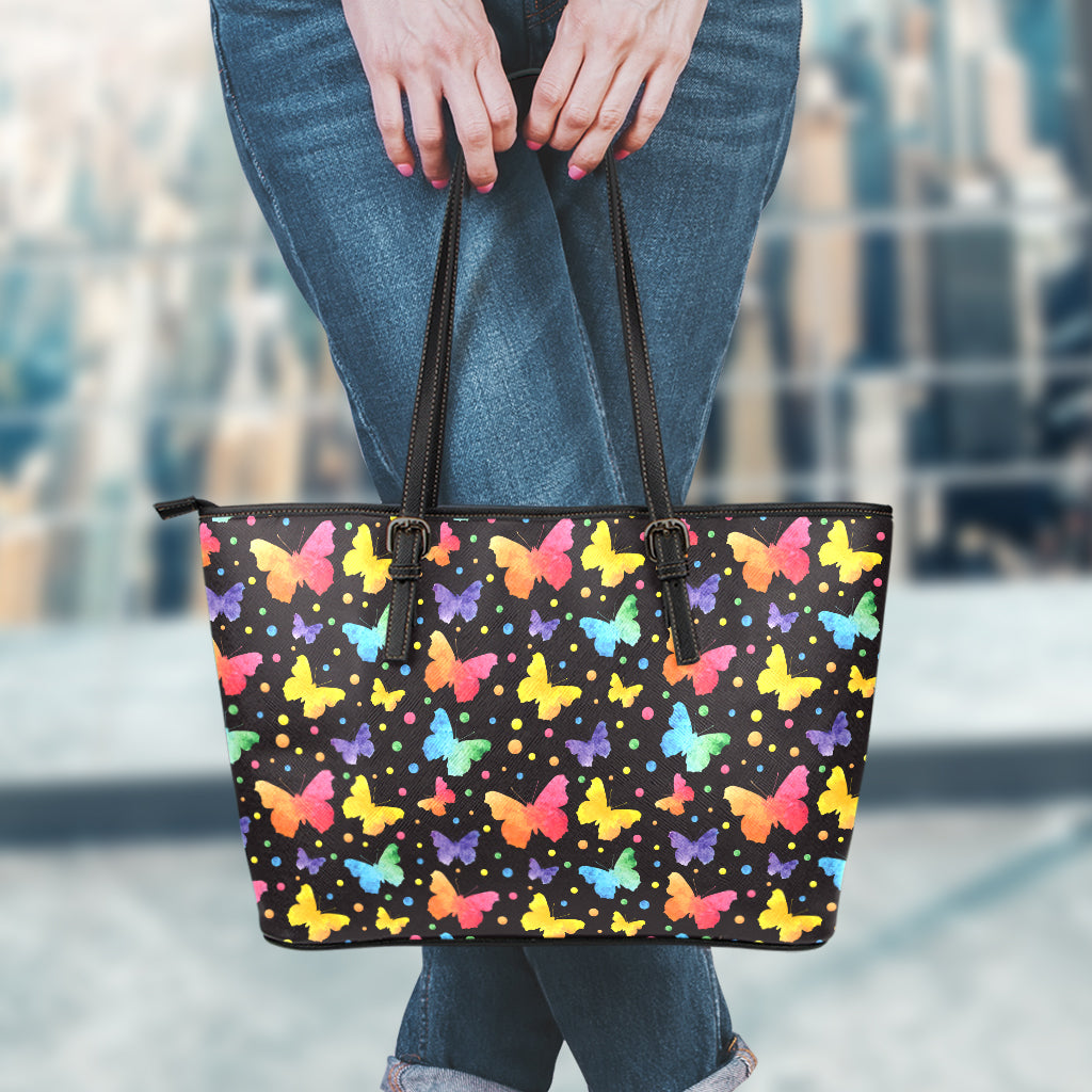 Colorful Watercolor Butterfly Print Leather Tote Bag