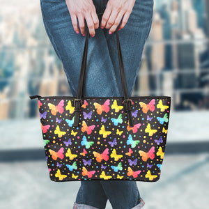 Colorful Watercolor Butterfly Print Leather Tote Bag