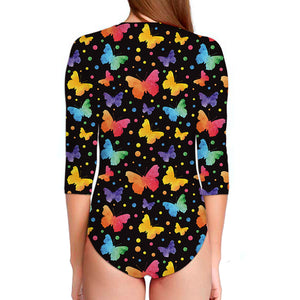 Colorful Watercolor Butterfly Print Long Sleeve Swimsuit