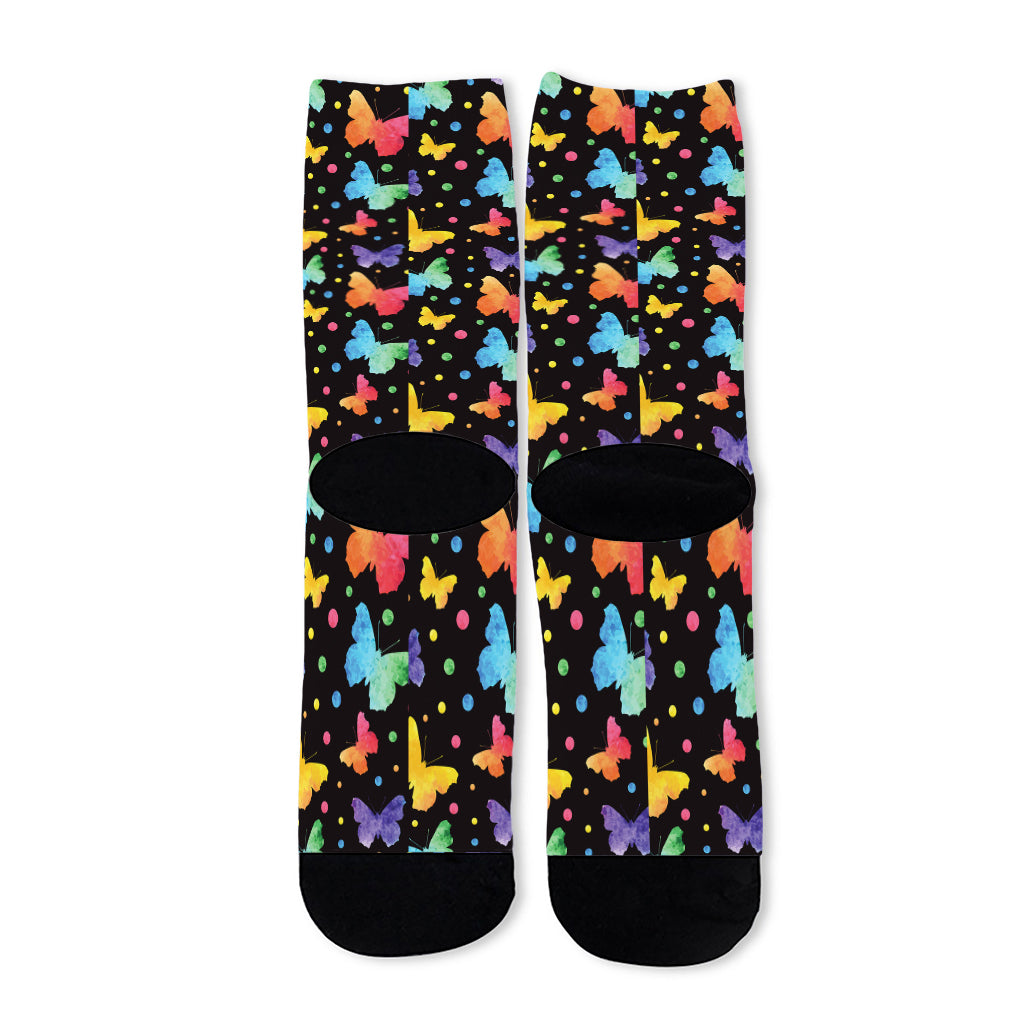 Colorful Watercolor Butterfly Print Long Socks