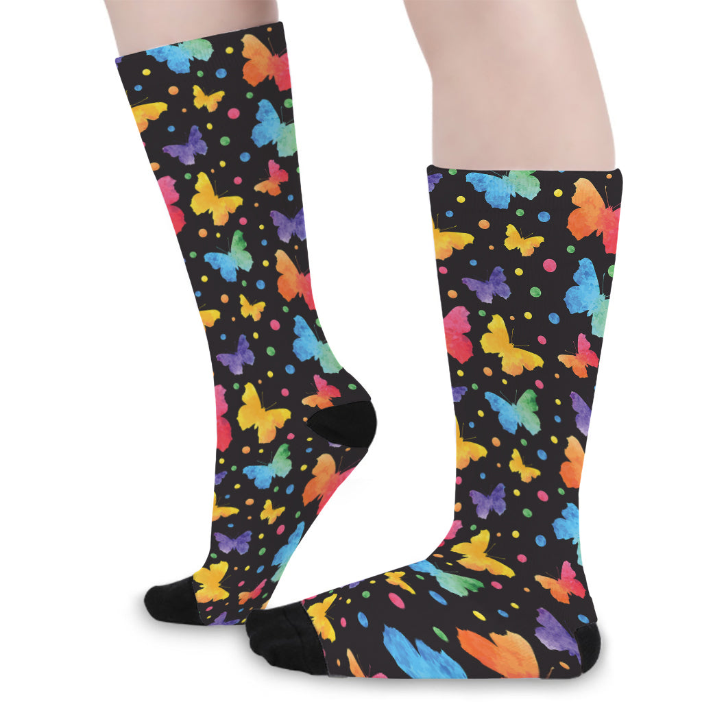 Colorful Watercolor Butterfly Print Long Socks