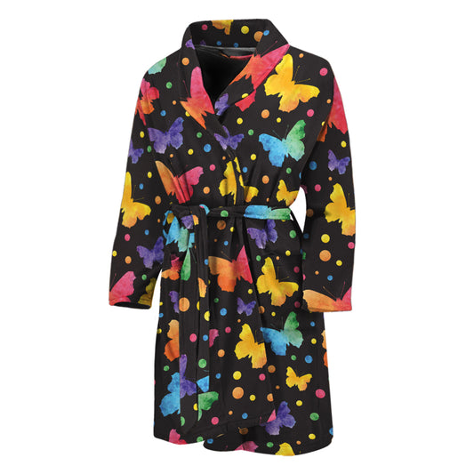 Colorful Watercolor Butterfly Print Men's Bathrobe