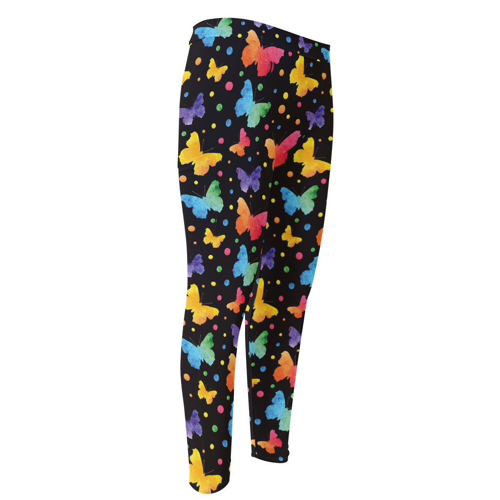 Colorful Watercolor Butterfly Print Men's Compression Pants