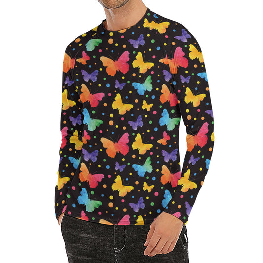 Colorful Watercolor Butterfly Print Men's Long Sleeve Rash Guard