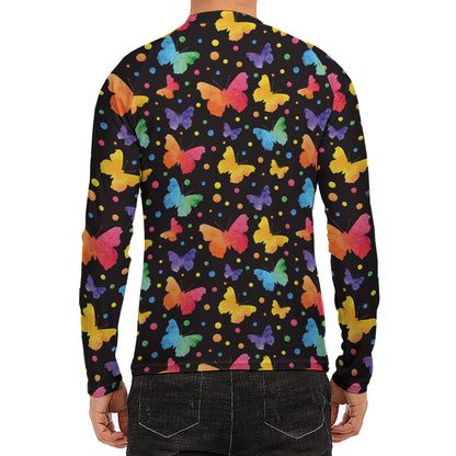 Colorful Watercolor Butterfly Print Men's Long Sleeve Rash Guard