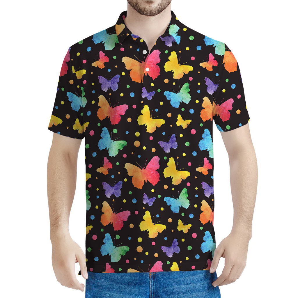 Colorful Watercolor Butterfly Print Men's Polo Shirt