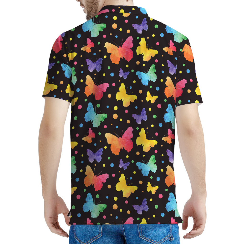 Colorful Watercolor Butterfly Print Men's Polo Shirt