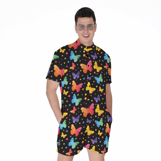 Colorful Watercolor Butterfly Print Men's Rompers