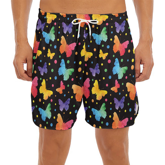 Colorful Watercolor Butterfly Print Men's Split Running Shorts