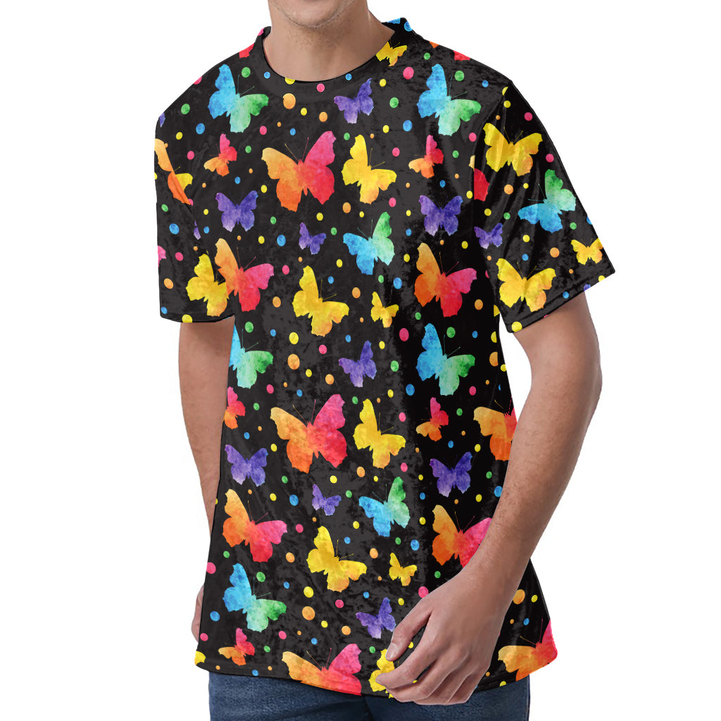 Colorful Watercolor Butterfly Print Men's Velvet T-Shirt