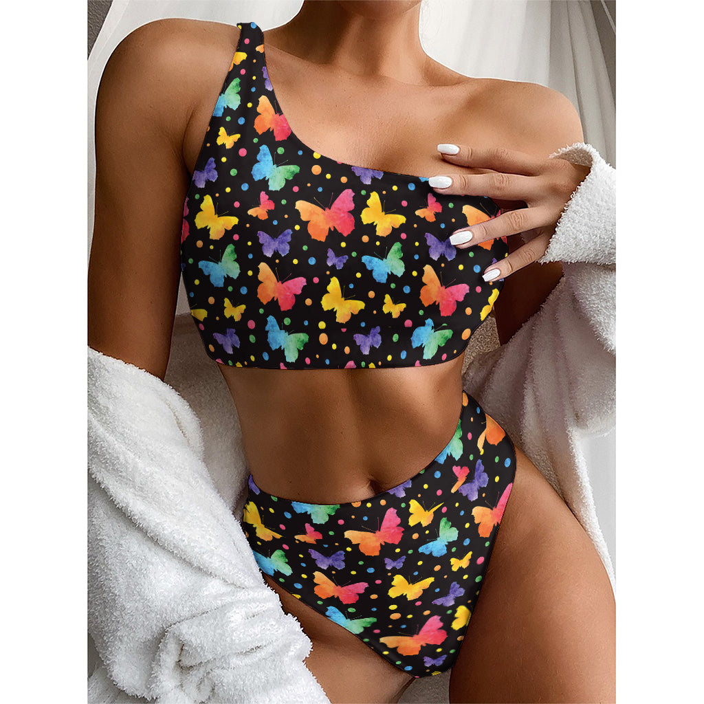 Colorful Watercolor Butterfly Print One Shoulder Bikini Top