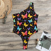 Colorful Watercolor Butterfly Print One Shoulder Bodysuit