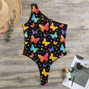 Colorful Watercolor Butterfly Print One Shoulder Bodysuit