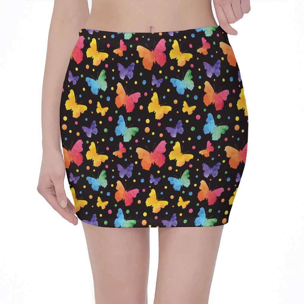 Colorful Watercolor Butterfly Print Pencil Mini Skirt