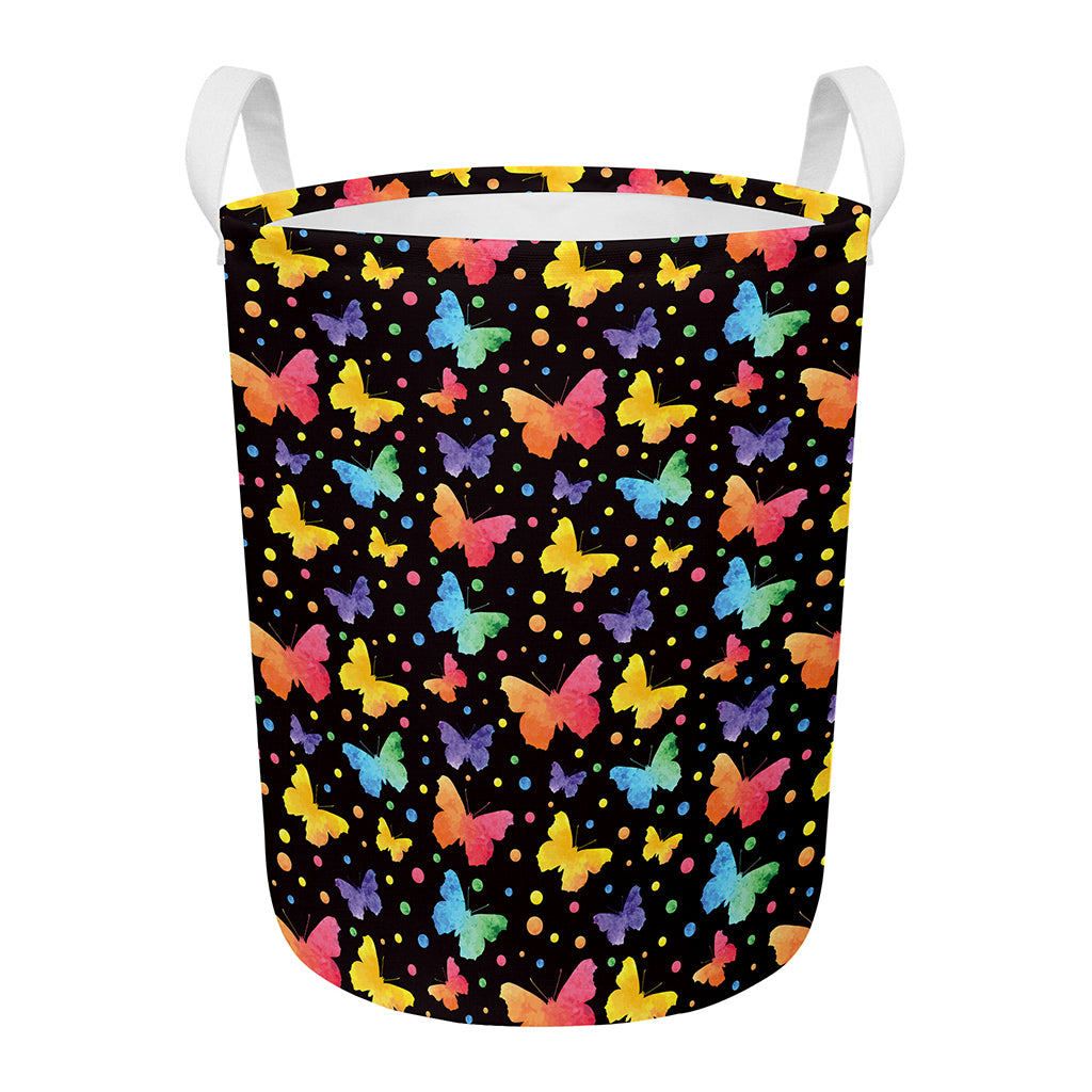 Colorful Watercolor Butterfly Print Round Laundry Basket