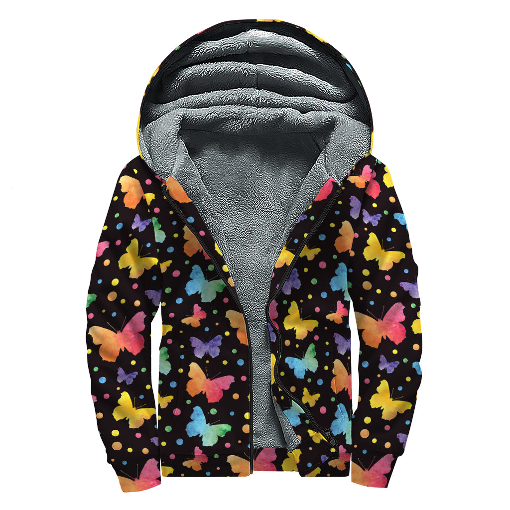 Colorful Watercolor Butterfly Print Sherpa Lined Zip Up Hoodie