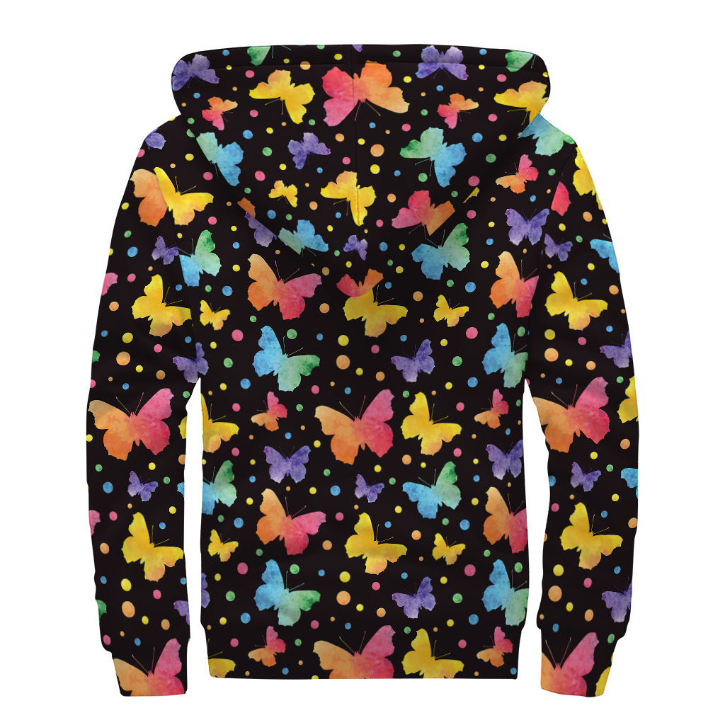 Colorful Watercolor Butterfly Print Sherpa Lined Zip Up Hoodie