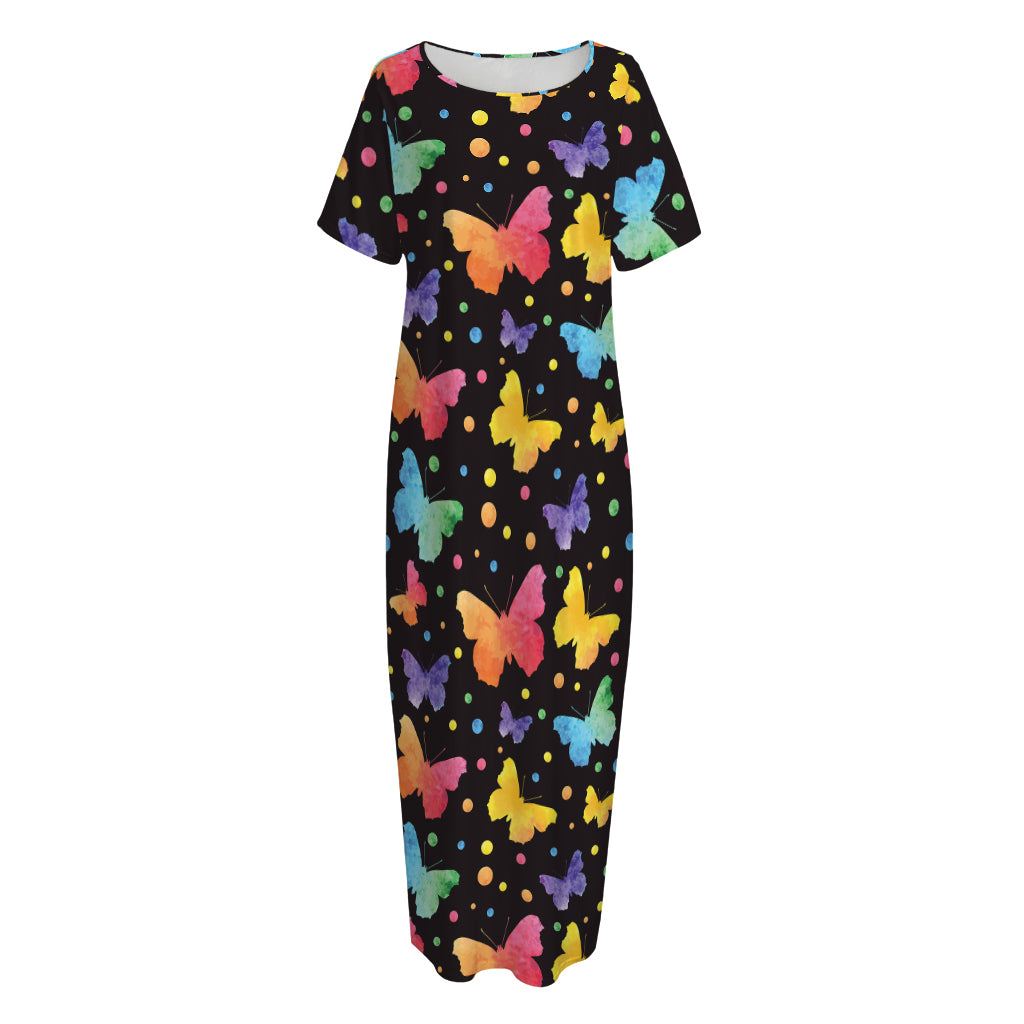 Colorful Watercolor Butterfly Print Short Sleeve Long Nightdress