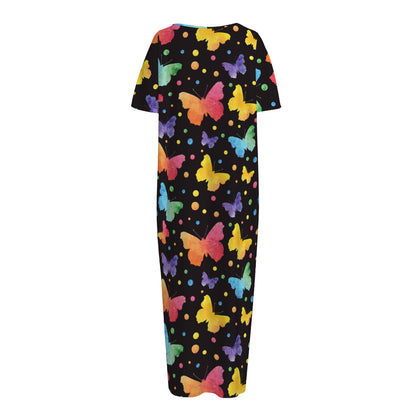 Colorful Watercolor Butterfly Print Short Sleeve Long Nightdress