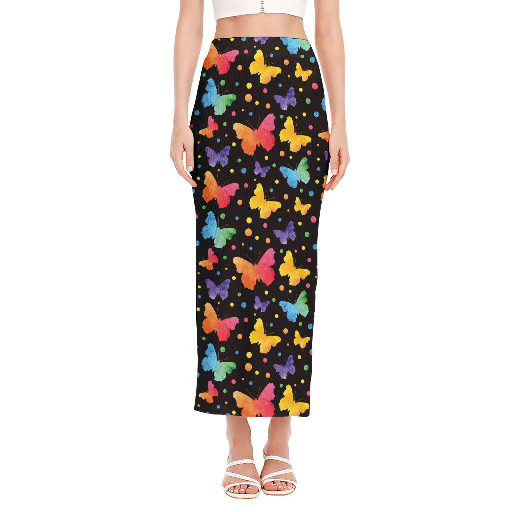 Colorful Watercolor Butterfly Print Side Slit Maxi Skirt