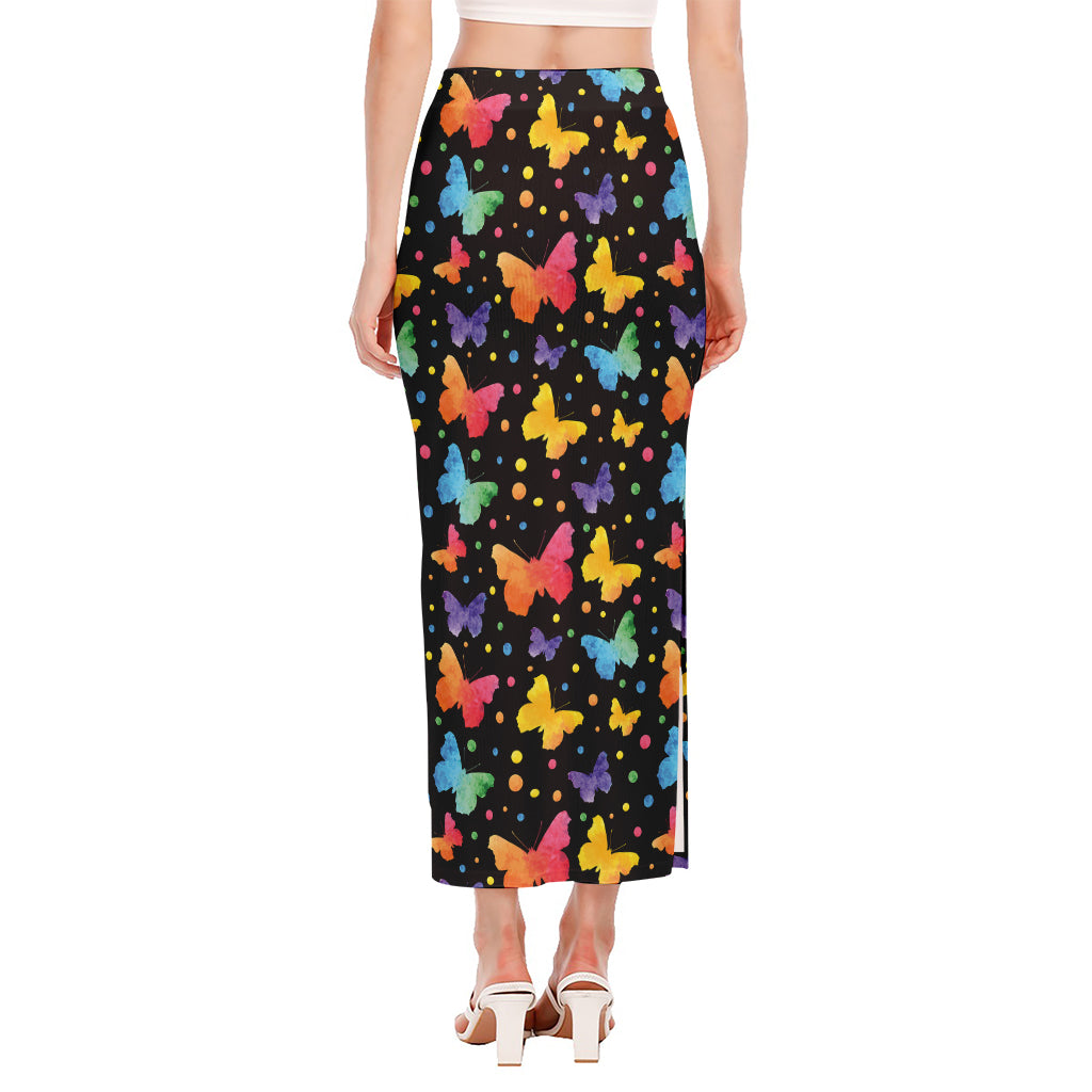 Colorful Watercolor Butterfly Print Side Slit Maxi Skirt