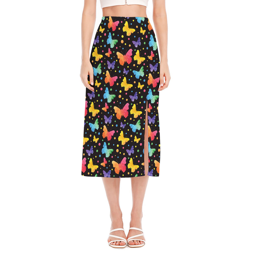 Colorful Watercolor Butterfly Print Side Slit Midi Skirt