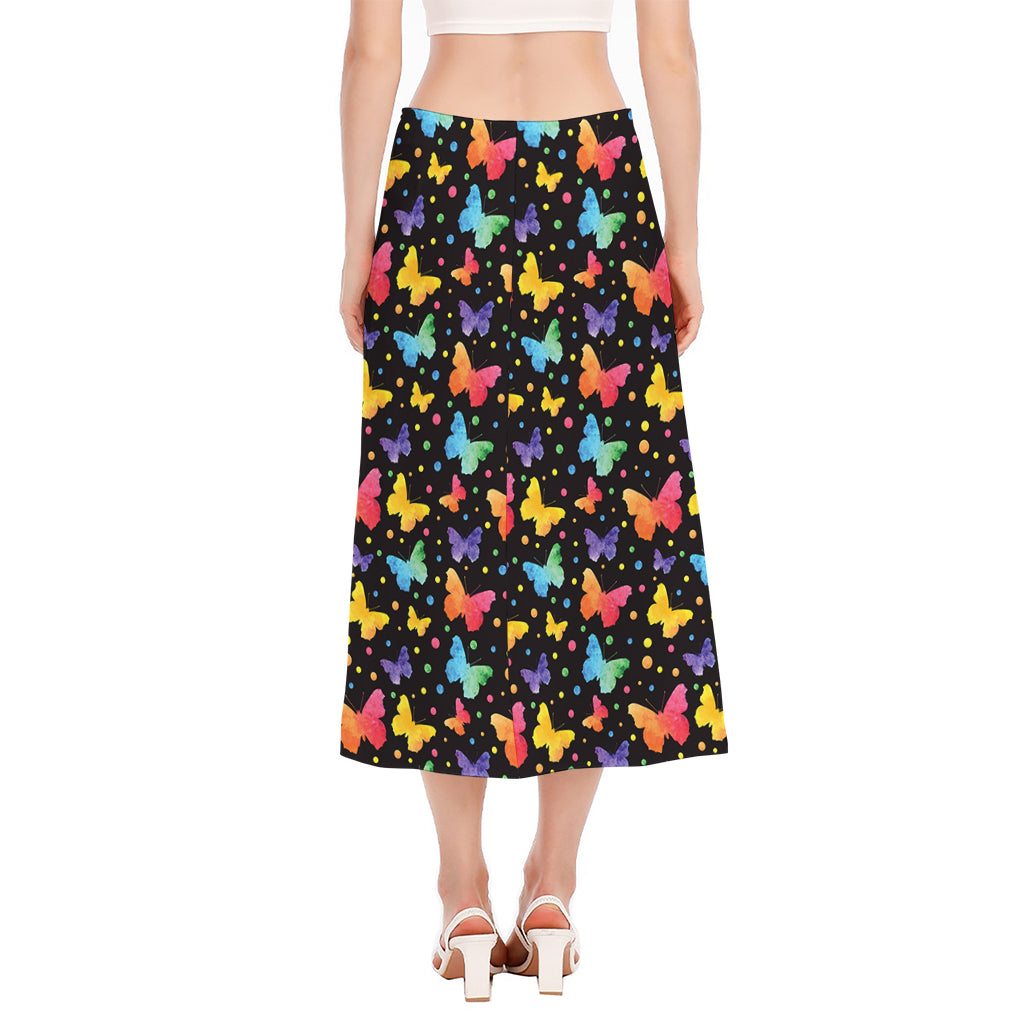 Colorful Watercolor Butterfly Print Side Slit Midi Skirt